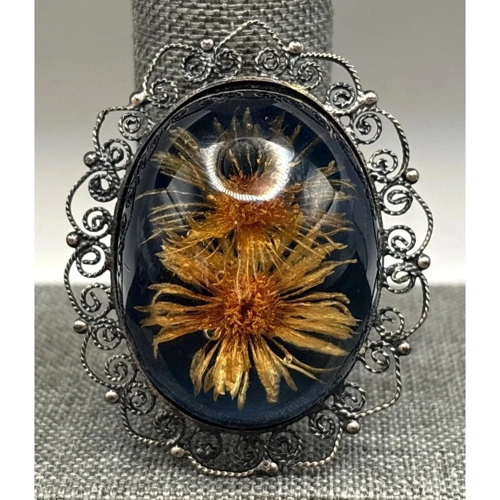 Vintage Victorian Revival Pressed Flowers Brooch Pendant Oval Resin Silver Tone